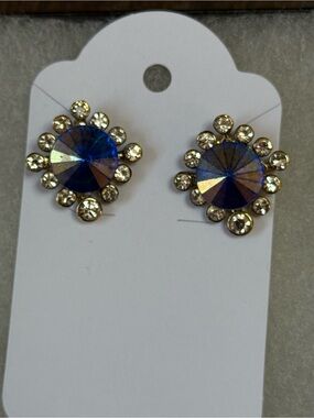 Blue Crystal Sunburst Stud Earrings - Unbranded